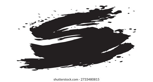 A bold and expressive black ink brush stroke with a textured, splattered edge, creating a raw and artistic graphic element.
