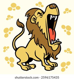 A bold and expressive cartoon illustration of a roaring lion, designed in a playful and dynamic style. The vector artwork features a fierce lion with an open mouth, sharp teeth, and a flowing mane,