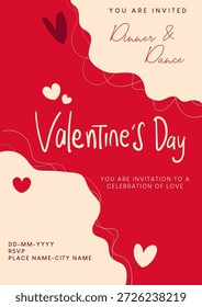 Bold and expressive Valentine’s Day invitation featuring flowing shapes, romantic hearts, and elegant typography. Perfect for dinner parties, dance nights, and stylish Valentine celebrations.