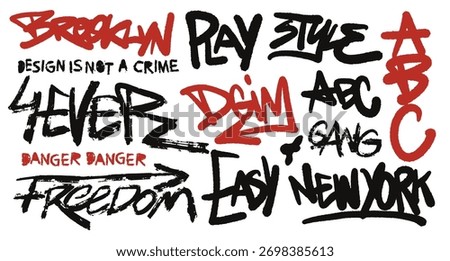 Bold and expressive markers create a dynamic and grunge-inspired design with various texts showcasing creativity and freedom in art. The black and red colors enhance the edgy feel.