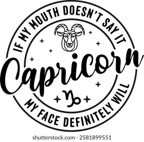 Un gráfico de Vector audaz y expresivo del signo del zodiaco de Capricornio con una cita relatable sobre la honestidad.