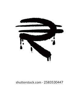A bold and expressive vector illustration of the Indian rupee symbol rendered in a grunge calligraphy style with dripping paint. Perfect for creating striking visuals for projects related to finance