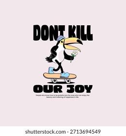 A bold and expressive vector illustration of a toucan riding a skateboard while holding a flowe