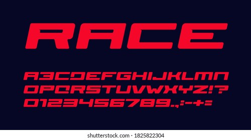 Bold extended geometric style alphabet for auto race modern logo, banner and poster. Red font, heavy italic letters, numbers and signs. Awesome typography design. Vector typeset.