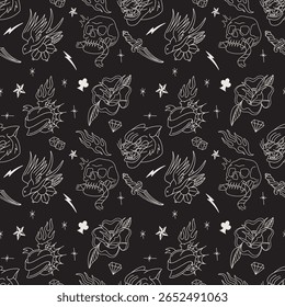 Um vetor padrão de tatuagem flash arrojado e atraente com uma mistura repetida de ilustrações de tinta clássicas, como punhais, corações, andorinhas, crânios e rosas.