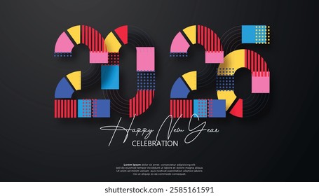 A bold and eye-catching New Year 2026 illustration featuring geometric shapes and patterns in bright colors against a dark backdrop.