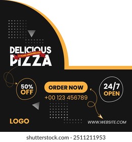 A bold and eye-catching social media poster design tailored specifically for pizza restaurants looking to attract and engage customers.