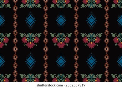 A bold fabric pattern featuring red floral clusters, intricate geometric blue diamond shapes, and orange accents, arranged on a striking black background