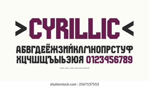 Bold face cyrillic sans serif font in the sport style. Letters and numbers for logo and emblem design. Color print on white background