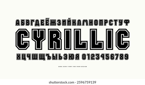 Bold face cyrillic sans serif font in the sport style. Letters and numbers with contour for logo and emblem design. Black print on white background