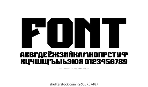 Bold face cyrillic sans serif font in the sport style. Letters and numbers for logo and emblem design. Black print on white background