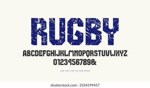 Bold face sans serif font in the sport style. Letters and numbers with rough texture for logo and emblem design. Color print on white background