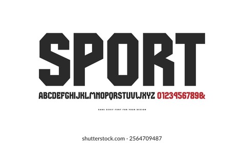 Bold face sans serif font in the sport style. Letters and numbers for logo and emblem design. Black print on white background