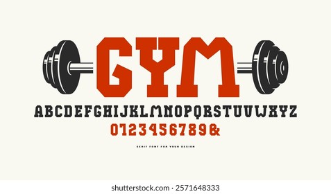 Bold face serif font in the sport style. Letters and numbers for logo and emblem design. Color print on white background