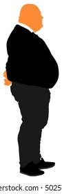 Bold Fat man is worry about health vector illustration isolated on white background. Overweight person trouble. Big belly. Heavy weight boy.