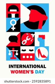 Bold feminist graphic poster for International Women's Day with geometric icons: megaphone, female gender symbol, raised fist, equality scales, chains breaking, freedom of speech. Bold minimalist card