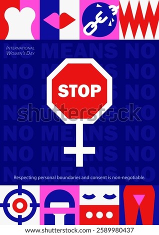 Bold feminist poster with a stop sign merging into female gender symbol, emphasizing consent and boundaries. 