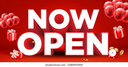 A bold and festive "Now Open" announcement banner with a red background, large 3D typography, and celebratory elements like balloons, gifts, and ribbons. Perfect for grand opening events.