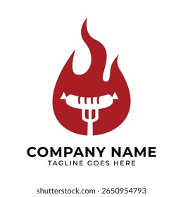 Design de logotipo arrojado e ardente Apresentando uma salsicha em um garfo dentro de uma forma de chama Ótimo para restaurante