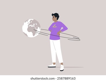 A bold figure stands proudly with hands on waist, a planet revolving in their orbit, illustrating the allure of narcissism and self-importance in a minimalistic style