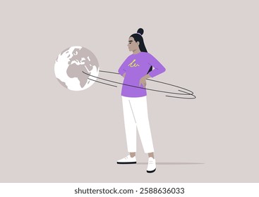 A bold figure stands proudly with hands on waist, a planet revolving in their orbit, illustrating the allure of narcissism and self-importance in a minimalistic style