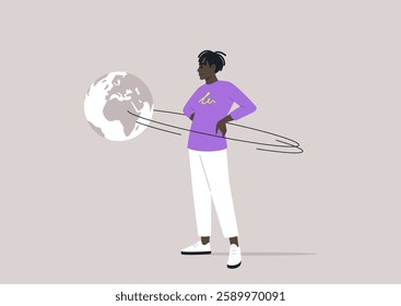 A bold figure stands proudly with hands on waist, a planet revolving in their orbit, illustrating the allure of narcissism and self-importance in a minimalistic style