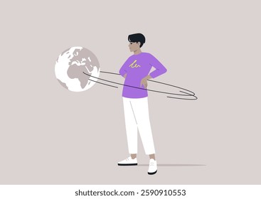 A bold figure stands proudly with hands on waist, a planet revolving in their orbit, illustrating the allure of narcissism and self-importance in a minimalistic style