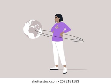 A bold figure stands proudly with hands on waist, a planet revolving in their orbit, illustrating the allure of narcissism and self-importance in a minimalistic style