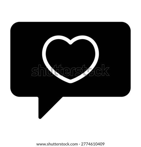Bold filled black speech bubble with heart sign in clean modern silhouette style, isolated on white background. Suitable for messaging, romance, reactions, and dating themes.