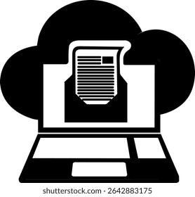 Bold filled icon of laptop, email and document with cloud. Great for remote work apps, cloud services, and productivity UIs
