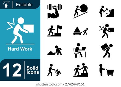 Bold filled icons representing strength, ambition, teamwork and intense work activity ideal for presentations, leadership topics, career development and performance marketing graphics