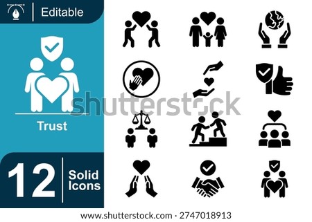 Bold filled trust icon set representing partnership, handshake agreement, family protection, charity support, teamwork assistance, justice balance, approval verification, and community care concepts in solid vector style.