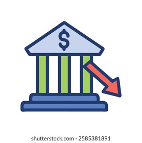 bold financial crisis with a bank and down arrow