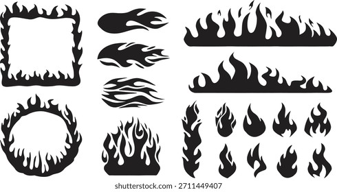 Bordes llameantes e iconos de fuego en un estilo de silueta negra limpia. Formas de grabación dinámica diseñadas para marcos, divisores y gráficos creativos. Elementos de Vector perfectos para el calor, la energía y el peligro 