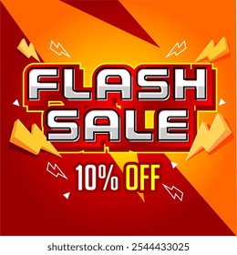 Bold Flash Sale banner in red and orange with lightning graphics and 10% off discount. Dynamic design perfect for promoting limited-time offers. Eye-catching elements add energy, ideal for attracting 