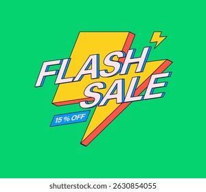 Bold flash sale poster with lightning bolt and “15% off” text in vibrant colors. Ideal for promotions and retail marketing in cartoon style vector