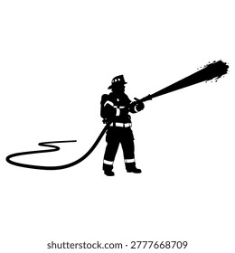 bold flat design of a firefighter in action using a hose to combat fire, ideal for safety campaigns, emergency services, and educational materials on fire prevention.