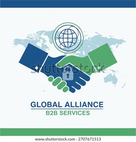Bold flat design global alliance handshake illustration with secure padlock icon, world map background, signifying B2B partnership and trust.
