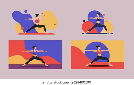 Bold Flat Design Yoga Warrior Pose Illustration – Vibrant Colors Style