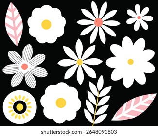 Design floral plano e arrojado com flores brancas e amarelas sobre fundo preto. Estilo de vetor de alto contraste com folhas simples.
