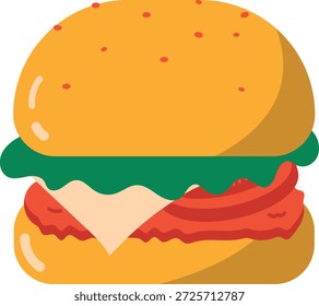 Bold flat illustration of a cheeseburger with layers, ideal for fast food branding, menus, and food advertisements.
