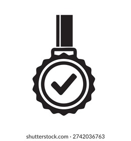 A bold, flat silhouette of a medal featuring a checkmark, showcasing a simple and impactful design.