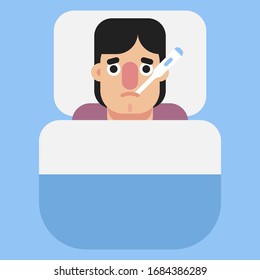 Bold flat style vector illustration of a sick man cartoon with corona virus symptoms measuring his fever level with a thermometer in his mouth