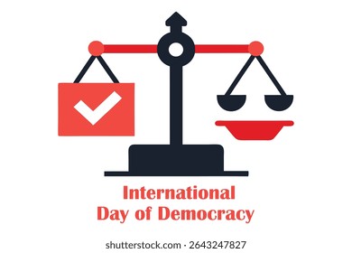 Bold flat vector of a balance scale with a ballot box and crown, showing democracy outweighing authoritarianism. Symbolic, political art on white background for voting and civil rights themes.