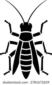 Bold flat vector silhouette of a grasshopper with long antennae, striped abdomen, and detailed legs. Clean, symmetrical design perfect for agriculture, pest control, biology education, nature brands, outdoor logos, and environmental campaigns. Minimalist style ideal for icons, infographics, stickers, laser cutting, vinyl decals, and scientific illustration.