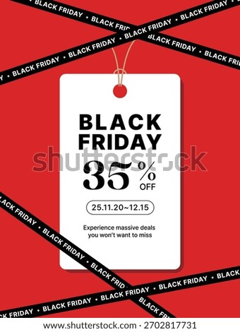 A bold, flat vector vertical banner featuring a Black Friday discount tag on a red background. The black ribbon with text creates a striking design for seasonal retail promotions.
