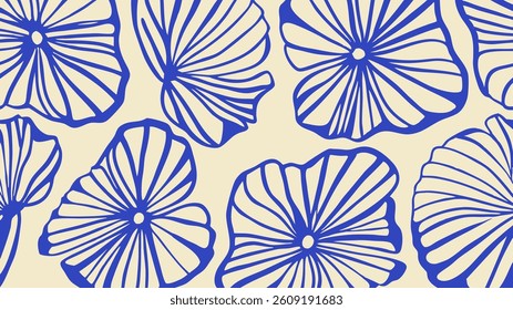 Bold floral artwork in blue with hand-drawn petals and botanical elements on light background