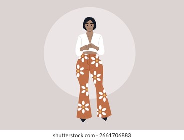 Bold floral bell bottoms elevate any outfit, combining retro charm with contemporary flair, The wearer radiates confidence, ready for a lively day of style exploration.