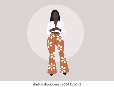 Los atrevidos pantalones de campana florales realzan cualquier atuendo, combinando el encanto retro con el toque contemporáneo. El usuario irradia confianza, listo para un día animado de exploración de estilo.