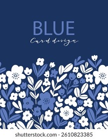 Bold floral card design with place for your text.  Flower frame on dark blue background. Monochrome stylish illustration.